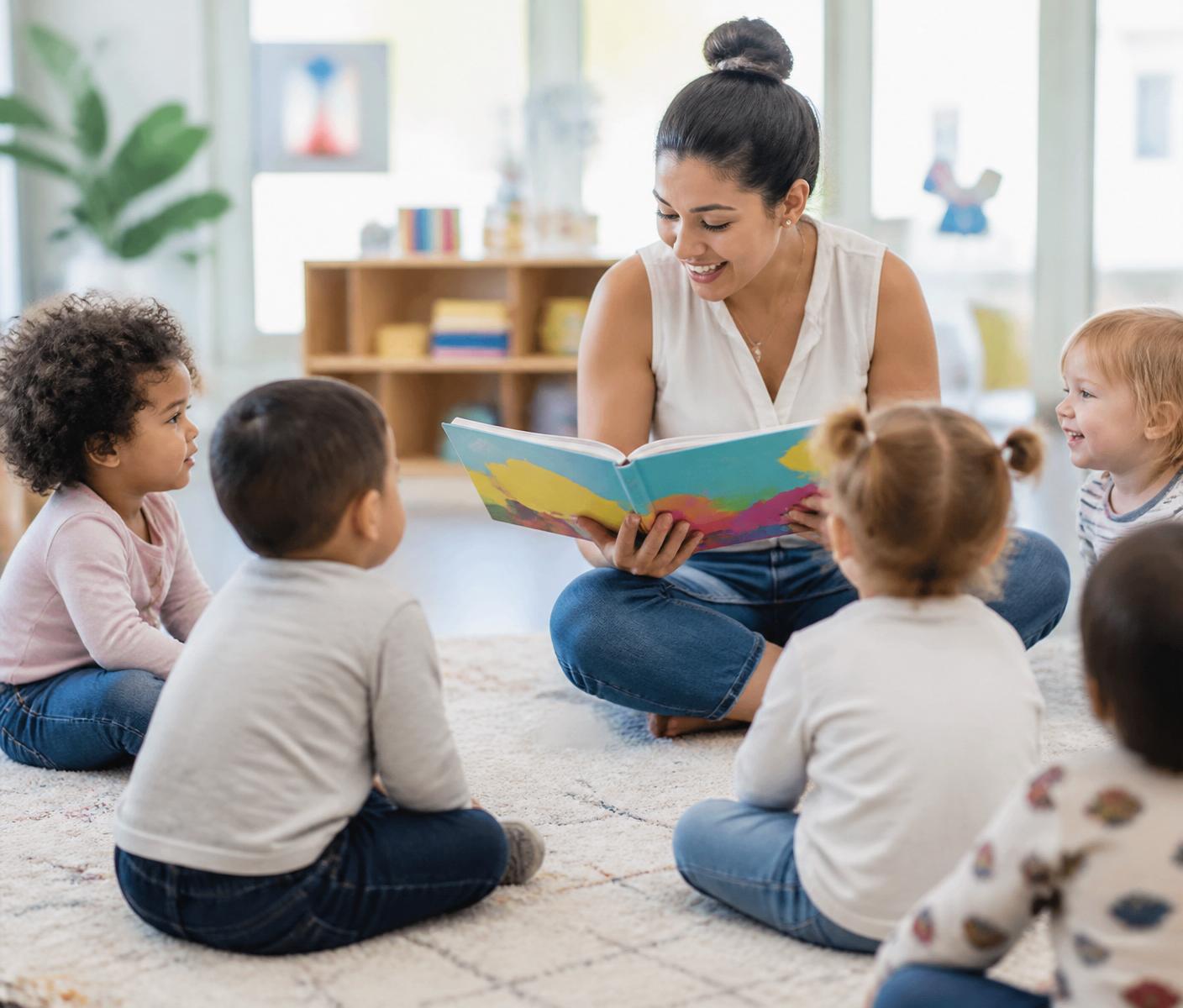 Bilingual preschool teacher reading to toddlers at MFDA in Shelton, Connecticut